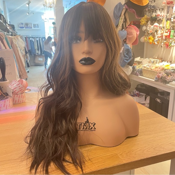 - Human hair blend brown /blonde highlights wig with bang main image 4